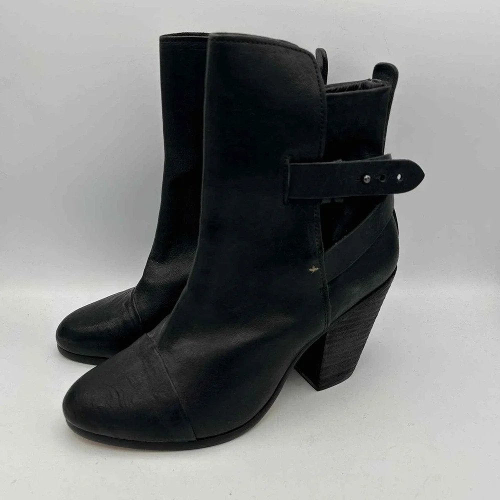 Rag & Bone Womens Size 38 Black Leather Heeled Booties Boots‎ Strappy Shoes